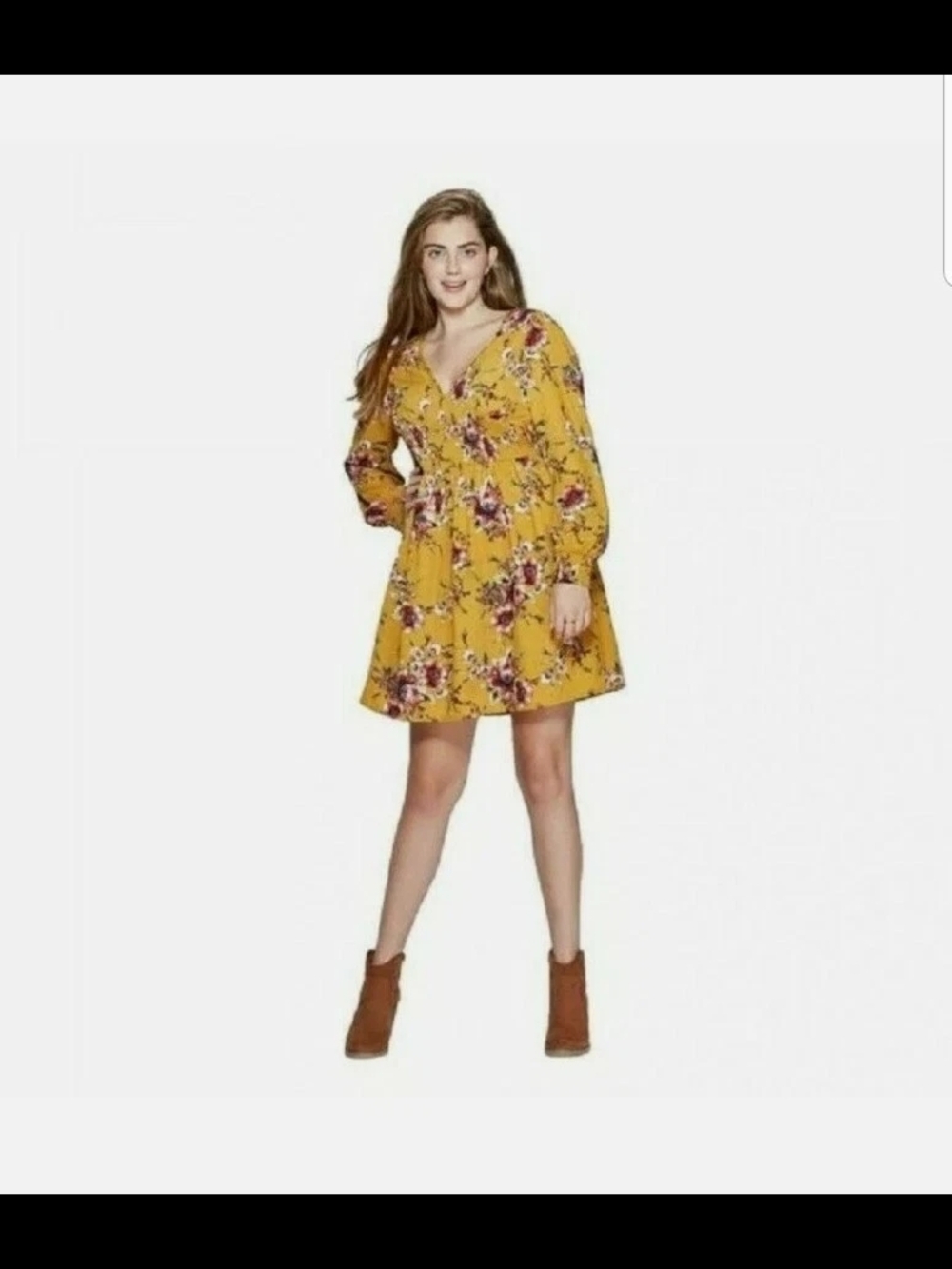 🔴5/$25 Floral V-Neck Smocked Waist Long-Sleeve Dress - Mustard